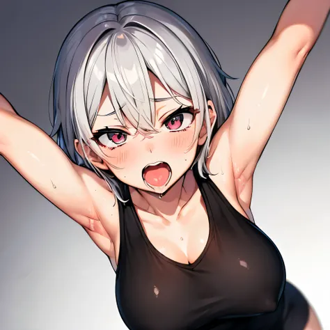 highest quality,32k,Raw photo,Sweat, Ahegao,Short gray hair,Raise your arms