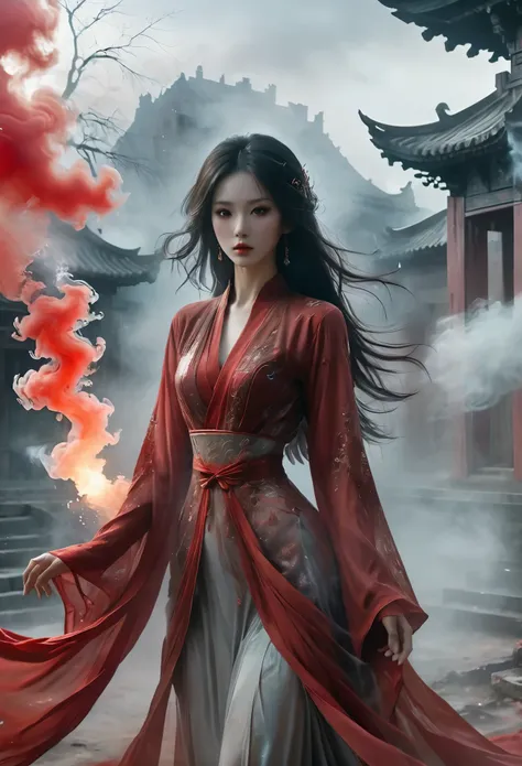 1 beautiful oriental girl，red jacket，wedding dress，red veil，(ghost smoke:1.2)，(whole body:1.3)，oriental ancient house in the bac...