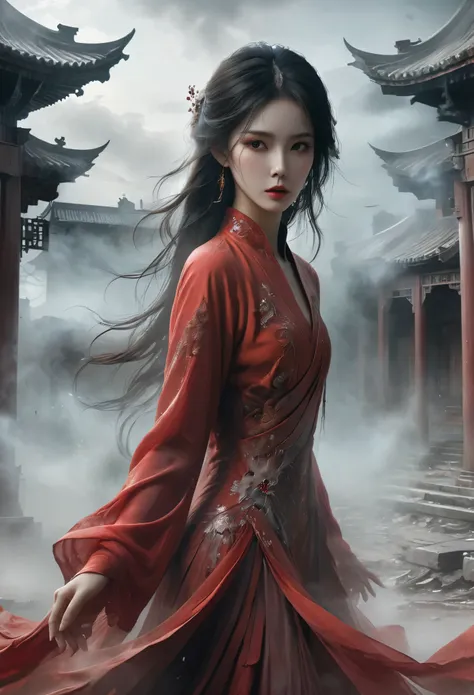 1 beautiful oriental girl，red jacket，wedding dress，red veil，(ghost smoke:1.2)，(whole body:1.3)，oriental ancient house in the bac...