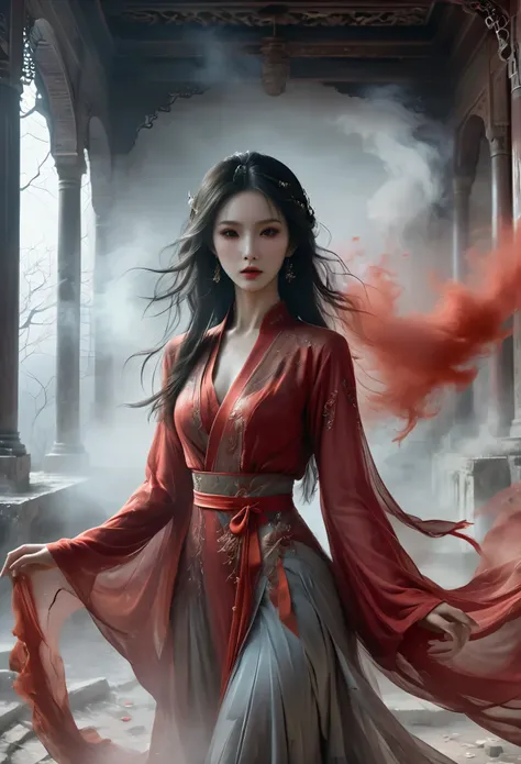 1 beautiful oriental girl，red jacket，wedding dress，red veil，(ghost smoke:1.2)，(whole body:1.3)，oriental ancient house in the bac...