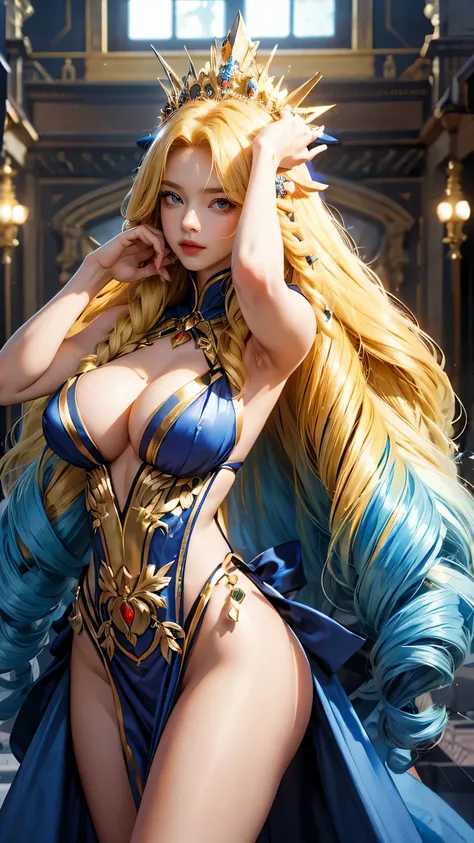 a woman in dancer outfit, 1girl, drill hair, long hair, blonde hair, gradient hair, yellow eyes, solo, huge breasts, big hair, blue hair, tiara, divine goddess, looking at viewer, indoors, royal palace, sexy pose, dynamic pose, astraea