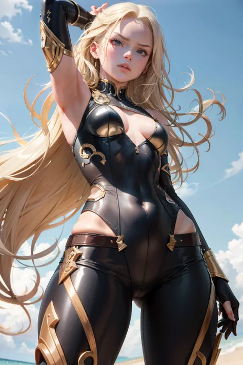 masterpiece, top quality, high resolution, warrior woman, front view:1.0, small waist:0.5, wide hips:1.0, cup size 38:1.2, long blonde hair:1.5, flowing and wavy, intricate details:1.1, realistic texture:1.3, battle-ready, fierce expression:1.1, determined...