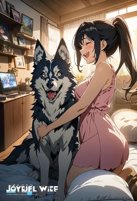 cover page, anime key visual, highres, top quality, best quality, paid reward available, High-quality illustrations, unparalleled masterpiece, perfect artwork, absurdres(home video,  joyful wife, wolf husband)in house, in room, smile, happy, perfect anatom...