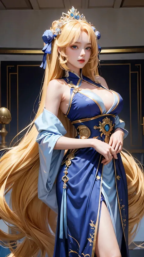 a woman in hanfu with frills, stoking, gloves, 1girl, drill hair, long hair, blonde hair, gradient hair, yellow eyes, solo, huge breasts, big hair, blue hair, tiara, divine goddess, looking at viewer, indoors, royal palace, sexy pose, dynamic pose, astraea