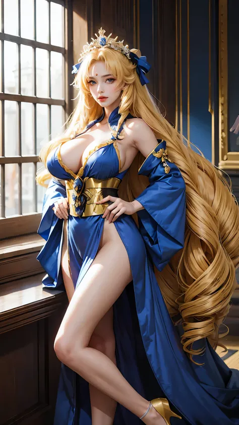 a woman in kimono with frills, stoking, gloves, 1girl, drill hair, long hair, blonde hair, gradient hair, yellow eyes, solo, huge breasts, big hair, blue hair, tiara, divine goddess, looking at viewer, indoors, royal palace, sexy pose, dynamic pose, astrae...