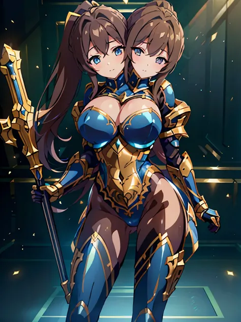 (masterpiece),(ultra-detailed), (high quality), (high resolution), (best quality:1.5, highres, UHD), highres, absurdo, ultra detail, ultra quality, ((3heads:1.5)), 1girl, (long hair), brown hair, (ponytail), thighs, (blue armor), female warrior, insignia, ...