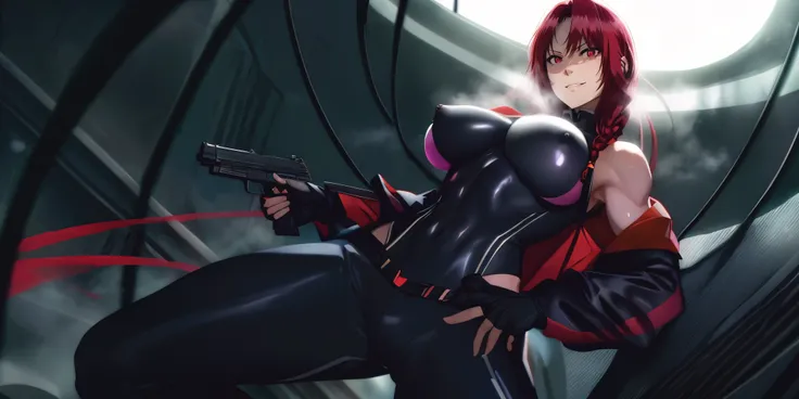 red hair, long hair, braid, red eyes, muscular female, anatomically correct, best quality, masterpiece, high quality, high details, highres, HD, mature female, weapon, 1girl, gun, breasts, holding_weapon, covered_nipples, large_breasts, gloves, bangs, solo...