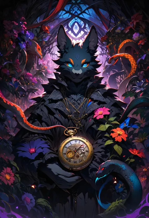 (best quality, high resolution, ultra-detailed)silhouett(kemono, furry anthro)holding striking pocket watch, surrounded by flowers, snakes and darkness, illustrative rendering, intricate details, mysterious atmosphere, vibrant colors, dynamic lighting , Go...