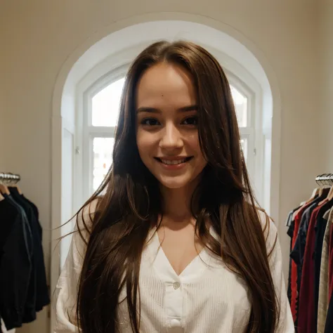 long hair, big forehead, cute smile