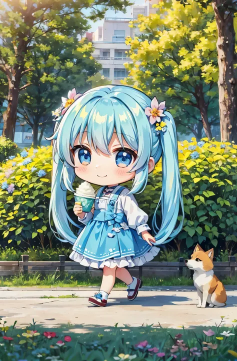 Light blue long hair、Cute chibi girl with twin tails、Walking with my beloved Shiba Inu、smile、A sunny park full of flowers、A cafe decorated with flowers、In front of the chibi character is a huge pile of shaved ice.、