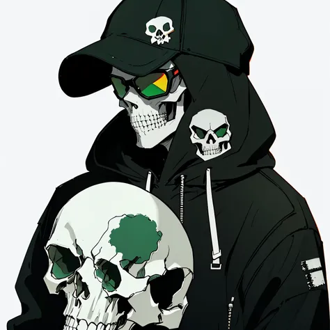 skull face, wearing streetwear, wearing black hoodie, wearing black trousers, wearing black bucket hat, wearing black sunglasses, wearing black sneakers, plain white background, retro anime style, 60s 70s 80s. green white black tones ONLY. skull face. skul...