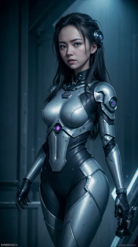 (((jessica henwick con una armadura futurista de asesino ninja cyberpunk, shiny robotic ninja armor )), (dynamic pose), (obra ma...