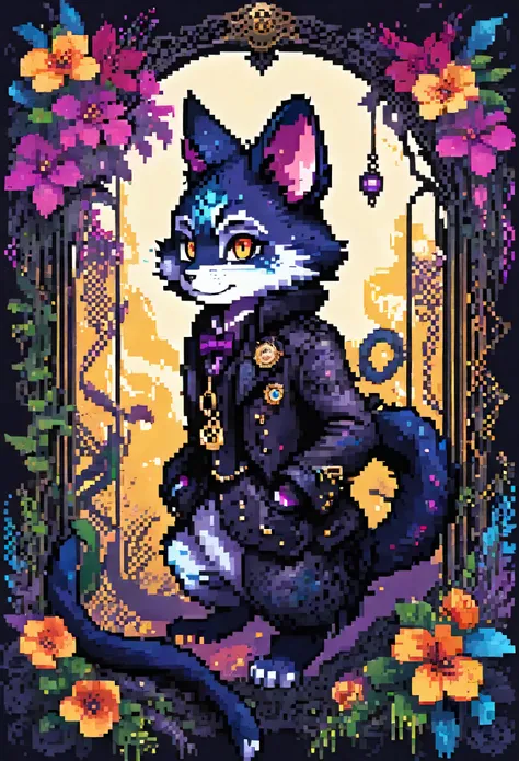 (best quality, high resolution, ultra-detailed)silhouett(kemono, furry anthro)holding striking pocket watch, surrounded by flowers, snakes and darkness, illustrative rendering, intricate details, mysterious atmosphere, vibrant colors, dynamic lighting , Go...