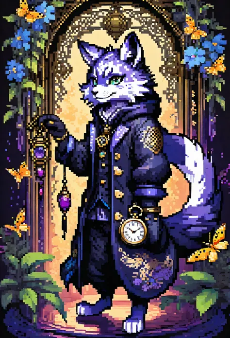 (best quality, high resolution, ultra-detailed)silhouett(kemono, furry anthro)holding striking pocket watch, surrounded by flowers, snakes and darkness, illustrative rendering, intricate details, mysterious atmosphere, vibrant colors, dynamic lighting , Go...