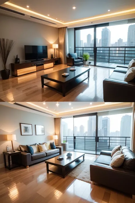 Modern Asian Apartment: A sleek and stylish abode adorned with Eastern influences, boasting a minimalist decor with gleaming hardwood floors and avant-garde furnishings. The living room features floor-to-ceiling windows that reveal a breathtaking cityscape...