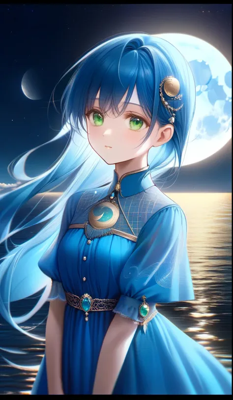 one princess standing on water, at night, the young siter taste, pale blue moon, cute face, blue semi long hair, emerald green eyes, blue graceful dress, illusory scene, calm, impressive, ((portrait)) ((masterpiece, best quality, ultra-detailed, an extreme...