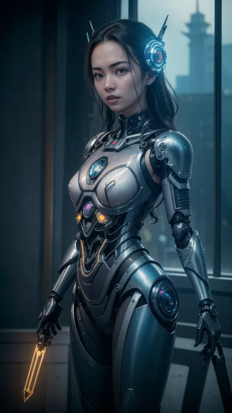 (((Jessica Henwick con una armadura futurista de asesino ninja cyberpunk, shiny robotic ninja armor )), (dynamic pose), (Obra maestra), (hyper realista:1.4), (realista:1.3), (Piel de textura real de la mejor calidad.),  (cinematic lighting), (Escena de pel...