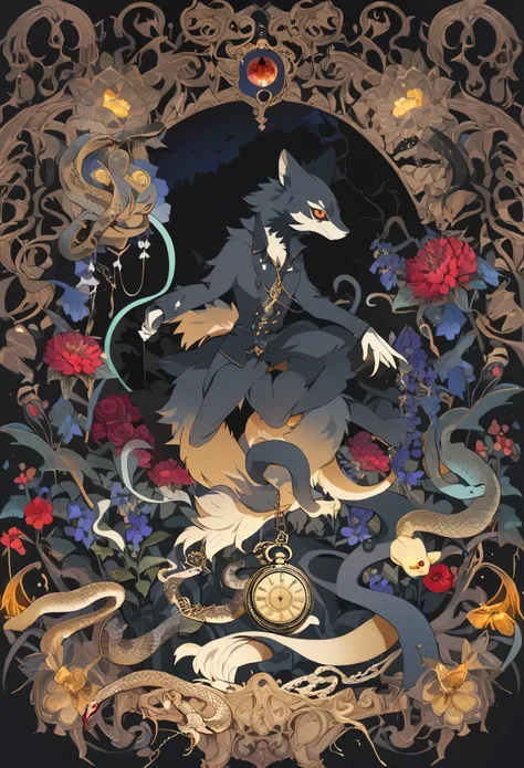 (best quality, high resolution, ultra-detailed)silhouett(kemono, furry anthro)holding striking pocket watch, surrounded by flowers, snakes and darkness, illustrative rendering, intricate details, mysterious atmosphere, vibrant colors, dynamic lighting , Go...