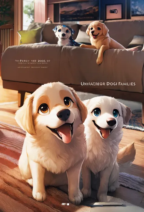 cover page, anime key visual, highres, top quality, best quality, paid reward available, High-quality illustrations, unparalleled masterpiece, perfect artwork, absurdres(home video,  The beautiful life of dogs and families)in house, in room, smile, happy, ...