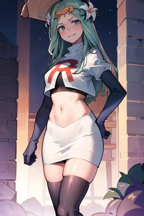 defRhea, headdress, hair flower, team rocket,team rocket uniform,white skirt,red letter R,crop top,black thigh-highs,black elbow gloves, evil smile, looking at viewer, cowboy shot, night sky background