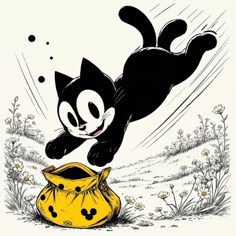 Felix the Cat gracefully diving through the air into his open yellow bag of tricks on the ground, in a slow meadow, (Felix the cat style reference, An anthropomorphic young black cat with white eyes, a black body, and a giant grin) (Felixs bag is one-of-a-...
