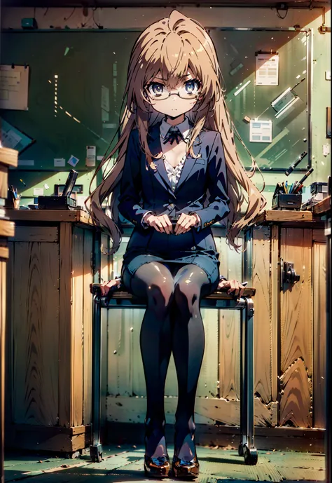 aisaka taiga,taiga aisaka,long hair, brown hair, brown eyes(flat chest:1.2),
ol, akagi glasses, black suit jacket, collared jack...