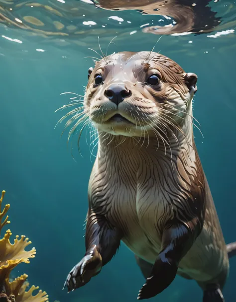 1 diving otter,look up,undersea background ,background details，(otter details、realism) ,( solitary)