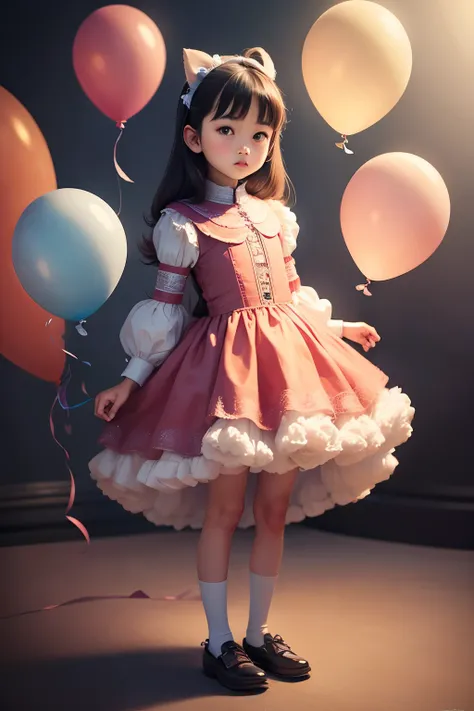 a 10 years old girl, holding balloons, (((full body))), real photo, looking above at me, brat, skyblue