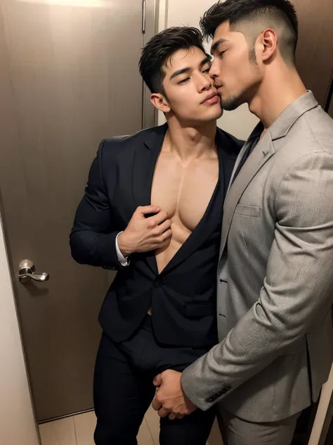 two men, two males, hyper realistic image of extremely handsome 30 year old filipino man, mature features, wearing a luxurious suit, hugging and kissing a handsome 30 year old muscular filipino bodybuilder man wearing a fitted black suit, exposed chest, vp...