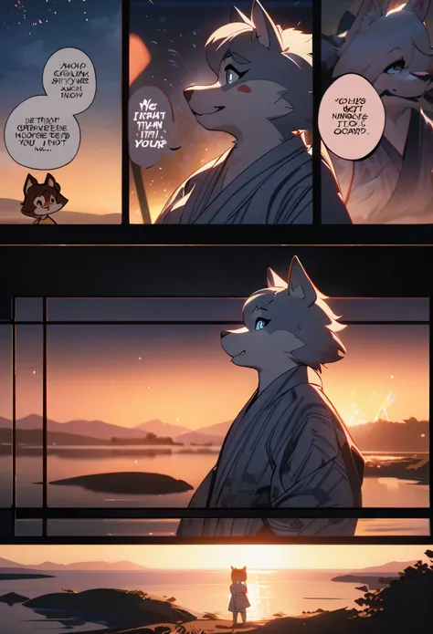 top quality, best quality, highres, masterpiece, detailed background, lake, nigh sky, firework, japanese yukata, absurdres, perfect anatomy, good lighting, cinematic shadow(kemono, furry anthro, Impressive, smile)(girls comic-like panel layouts, speech bal...