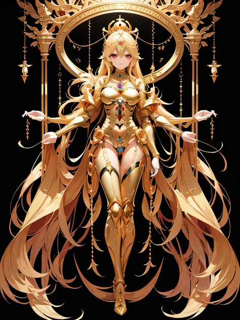 Maria, Kushinada and Vishnu are resurrected with golden mechanical bodies.,
 Masterpiece, Full body portrait, 
 All of them have pretty, beautiful human faces., 
 All of them have their golden internal skeletons visible except for their faces.,
 All of the...