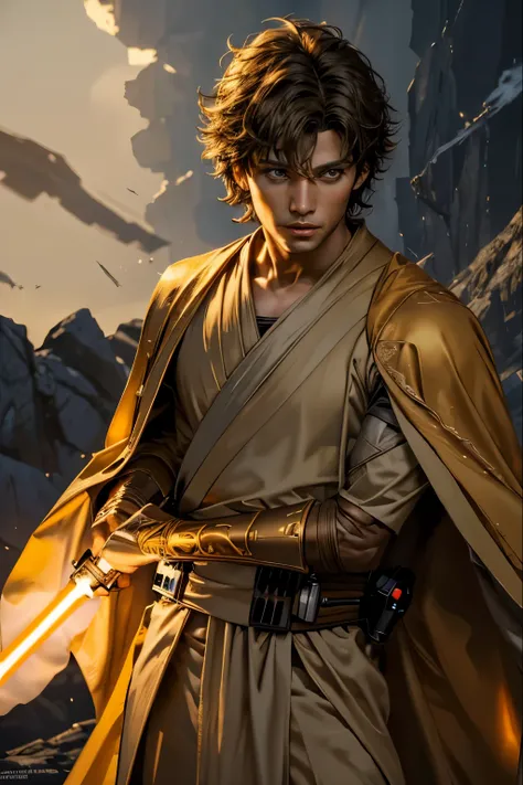 "(best quality,highres),sexy male jedi knight,beautiful detailed eyes,long eyelashes light tan robe, holding a Orange lightsaber, portraits,star wars background,vivid colors,studio lighting"