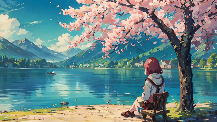 sunny, Cherry tree in full bloom, Cherry blossom tree on the lake,Wind up, Sitting Girl, Confused, High quality 8k, masterpiece, Spectacular views