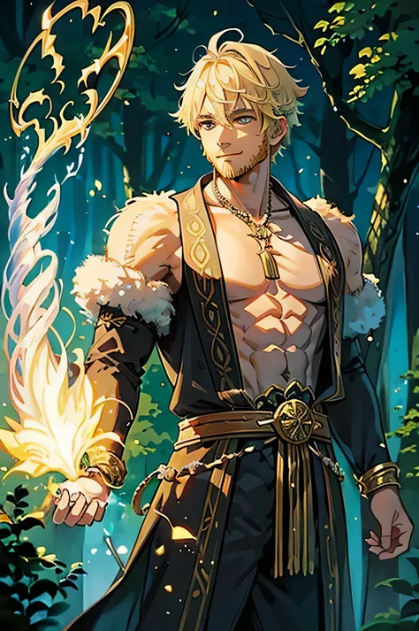 young male, bara wizard, short beard, ornate staff in one hand, arcane wizard robe, enchanting and dreamy scene of a fantasy forest, dense forest, pastel colors, oil painting, sense of enchantment, smiling, particles of light, military cut blonde hair, ext...