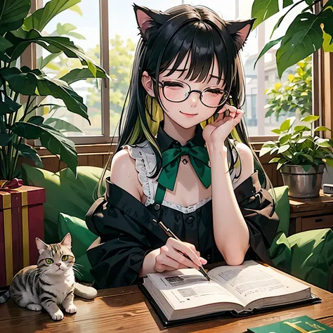 A cat wearing a dark yellow-green ribbon、Dark yellow-green hair、Dark yellow-green eyes、Glasses、have a box of presents、study、Closed eyes that laughed、Dark lime green clothing、Appearance of being happy and cheerful、one piece、Botanist