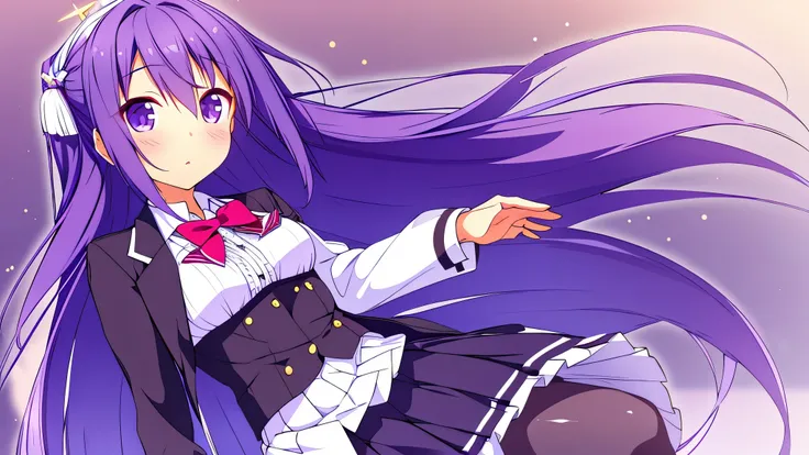 Trigger word :  ,toudou kirin, maria,purple hair ,long hair,hair between eyes,two side up, purple eyes,medium breasts

Outfit: ,white jacket,black bowtie,collared shirt ,pleated skirt ,miniskirt,black skirt ,black pantyhose