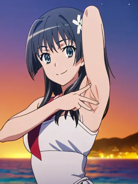 (((pixel-perfect, detail-perfect))), solo, 1girl, saten ruiko, sakugawa , solo, upper body, night sky, beach, arms behind head, contrapposto, smile, spread armpits, closed mouth, looking at viewer,