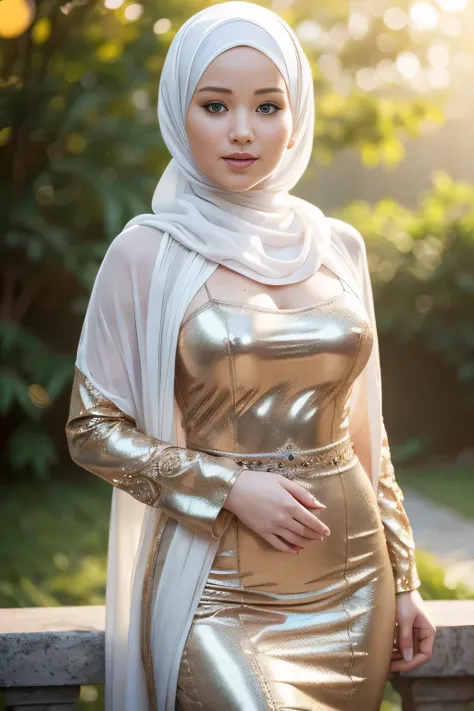 Beautiful, cute baby Face, 20 Years old Jennifer Lawrence, (wearing hijab), full hijab, sexy long sleeves kebaya dress, slightly Chubby , White Skin, Smiling, porn studio Background, day light,mid shot, full body, Perfect Potrait, Bokeh Effect, Look at Vie...