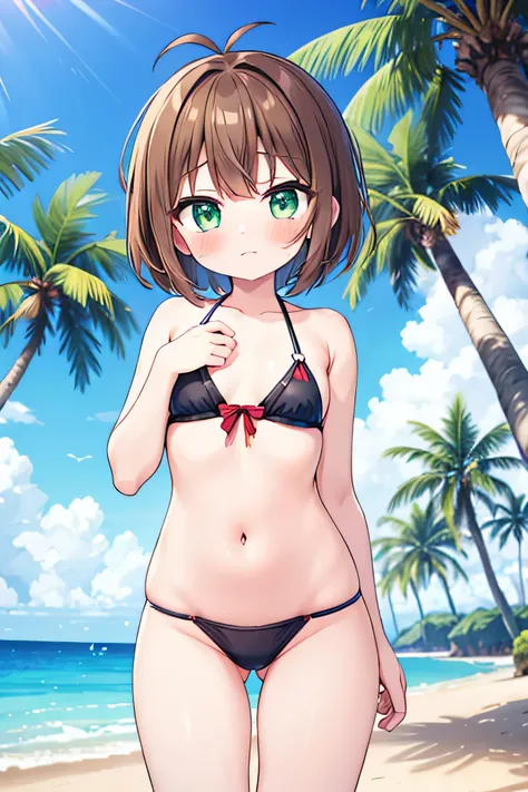 1girl,bikini,kinomoto sakura, solo, green eyes, brown hair, short hair, antenna hair, beach,palm tree,shiny, looking at viewer, flat chest,blush,pussy,wet clothes,crying face,high reg