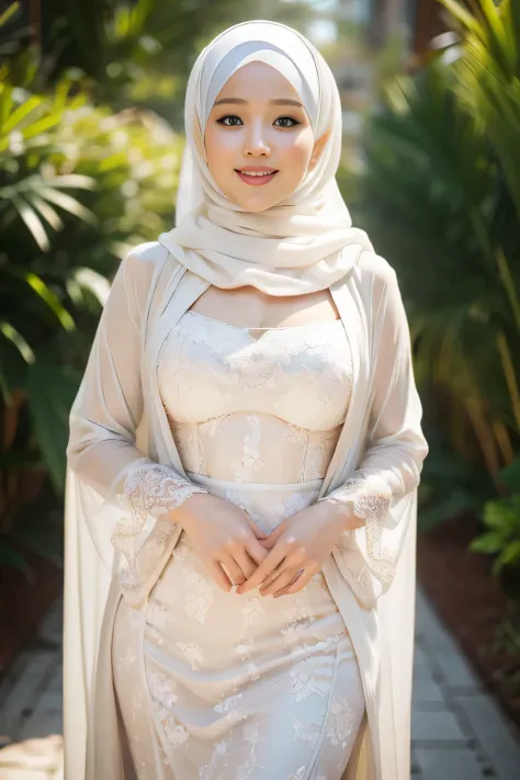 Beautiful, cute baby Face, 20 Years old Jennifer Lawrence, (wearing hijab), full hijab, sexy long sleeves kebaya dress, slightly Chubby , White Skin, Smiling, porn studio Background, day light,mid shot, full body, Perfect Potrait, Bokeh Effect, Look at Vie...