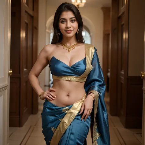 ((best quality)), ((masterpiece)), (detailed), Elegant Indian woman with curvy body and big , A classic silk saree in a vibrant peacock blue, elegantly draped in the Nivi style with gold jewelry accents., posing with a sexy smile.