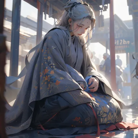 an old grandmother，（（very old，gray hair）），somewhat fat，wearing grey robe，kneeling on the ground，hands on the ground，head down