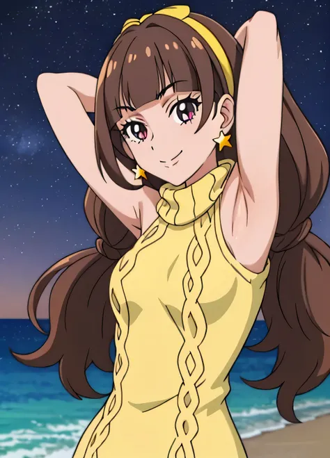 amanogawaki, 1girl, solo, yellow hairband, star earrings, turtleneck sweater, shoulder cutout, blue shorts, orange pantyhose, dynamic pose, contrapposto, spread armpit, arms behind head, solo, looking at viewer, upper body, closed mouth, night sky, beach, ...