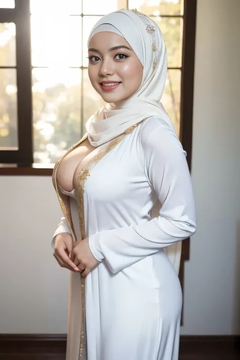 Beautiful, cute baby Face, 20 Years old Emma stone, (wearing hijab), full hijab, sexy long sleeves kebaya dress, slightly Chubby , White Skin, Smiling, porn studio Background, day light,mid shot, full body, Perfect Potrait, Bokeh Effect, Look at Viewer, bi...