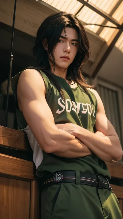 A realistic boy , teenage boy, realistic handsome, realistis cool ekspresion , Madara uchiha in Naruto shippuden ,Wearing green clothes ,long wolf cut hair 