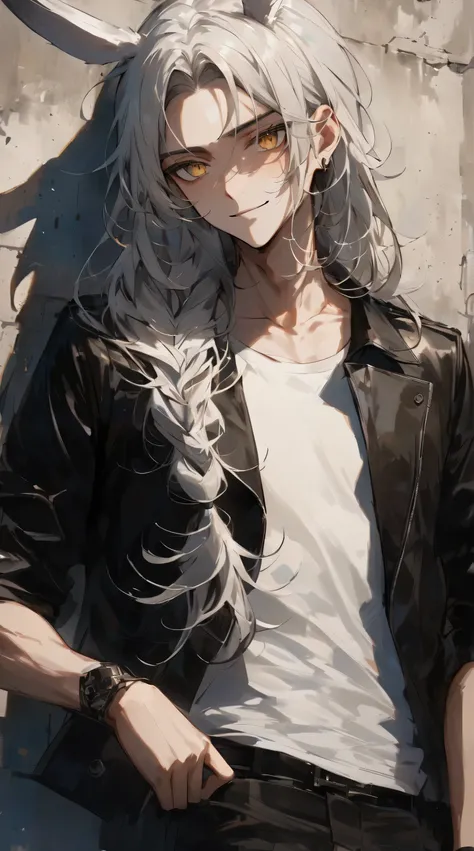 Lean back with your hands on the wall, Beautiful young man, white hair, yellow eyes, very long hair, black rabbit ears, black leather jacket, bitter smile, concrete wall in background,high quality, amount of drawing, pixiv illustration