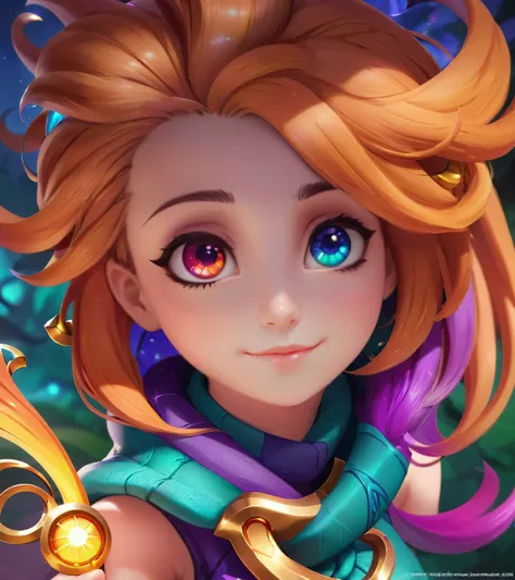 adorable personaje 3d 1girl zoe, (heterochromia), cabello largo multicolor, league of legends, tiro de establecimiento, plano ge...