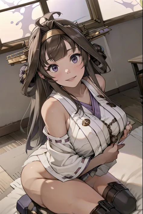 Ship Kongo, kongou, Ahoge, Brown Hair, Double good, Hair Bun, hair band, headgear, Long Hair, (Purple eyes:1.1), 
Breaking boots, Removable sleeves, kimono, Non-traditional Shrine Maiden, Ribbon trim, Sleeves edged with ribbon, Thigh-high boots, Wide sleev...