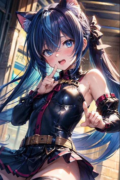 hair above right eye, sleeveless shirt, (black shirt), detached sleeves, (skirt), thighhighs, thigh boots, break, long hair, ((blue hair1.5)), (cat ears), straight hair, ((long tri tails)), (((4 defined fingers))), (((1 defined thumb))), (looking at viewer...