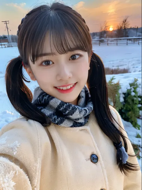 (she has a slim figure, small breasts and long hair in twin tails.、close-up portrait of a girl wearing a winter coat and a scarf...